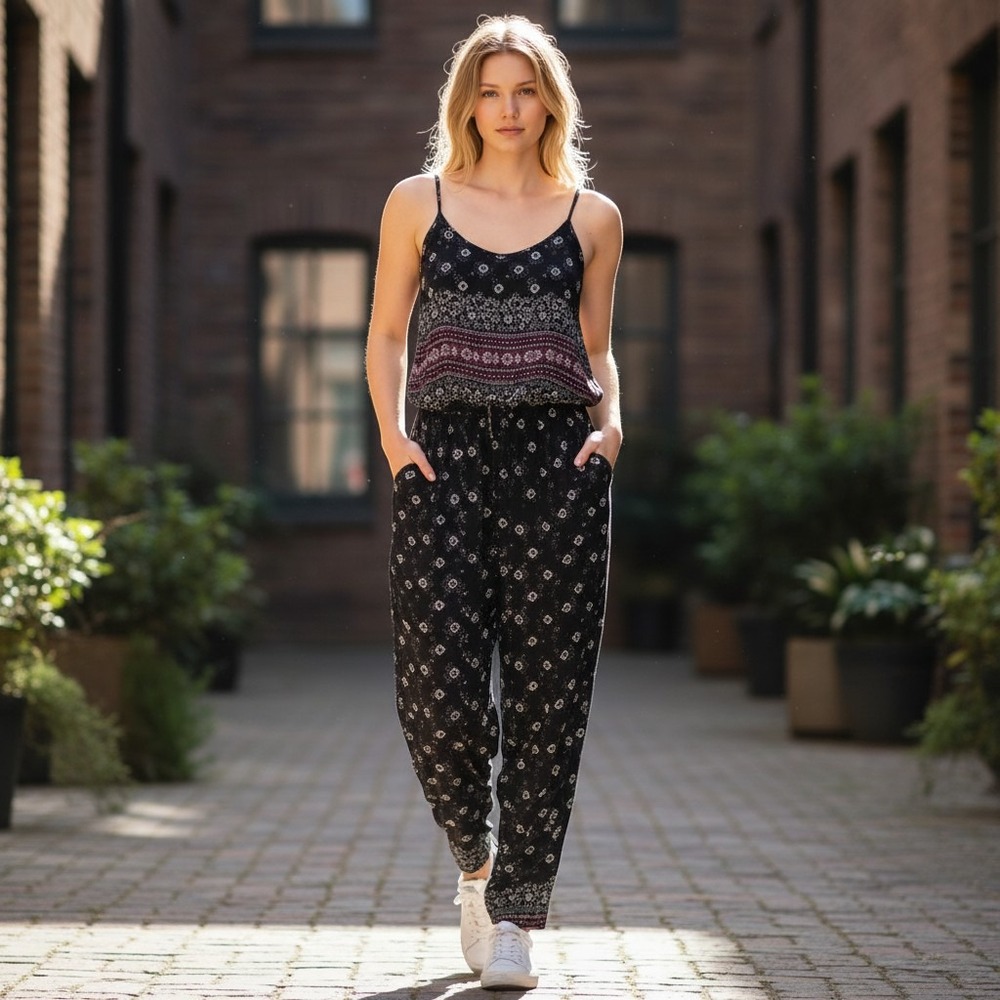 Boho Printed Navy Blue Strappy Jumpsuit